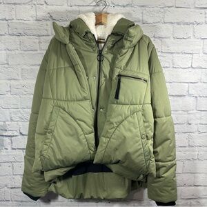 Avec Les Filles Olive Green Thermal Puff Hood Utility Jacket Sz XL